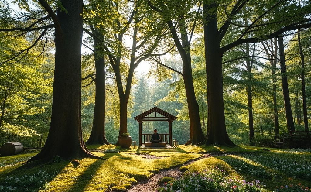 A serene nature scene with a peaceful meditation space surrounded by trees.