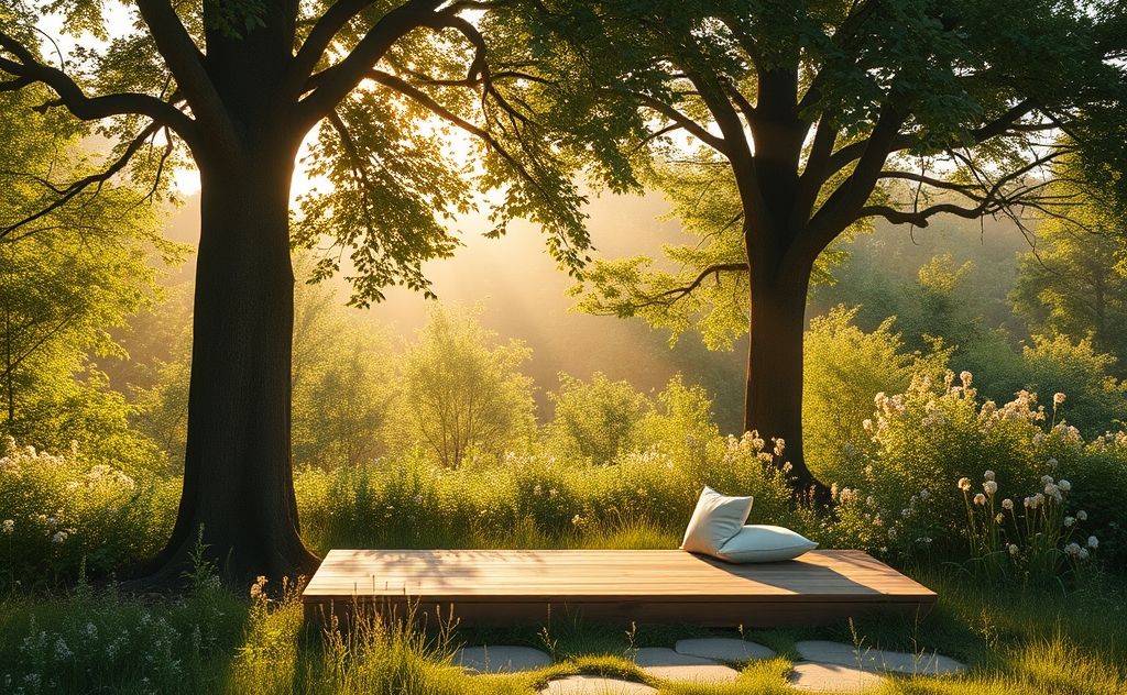 A serene nature scene with a peaceful meditation space.