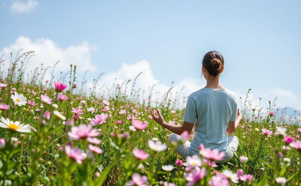 A serene nature scene with a person meditating among blooming flowers.
