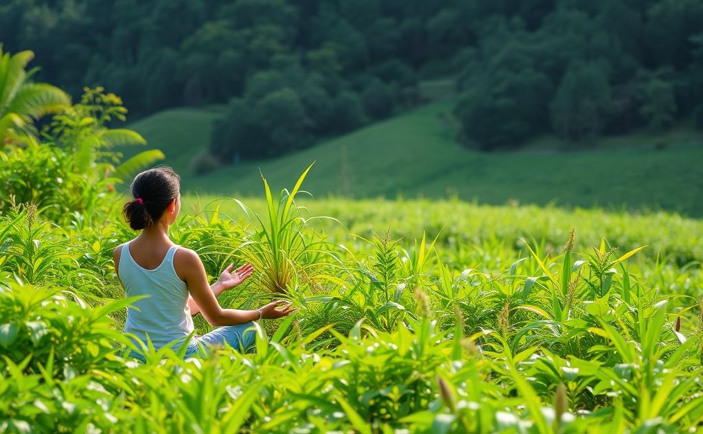 A serene nature scene with a person meditating among lush greenery.