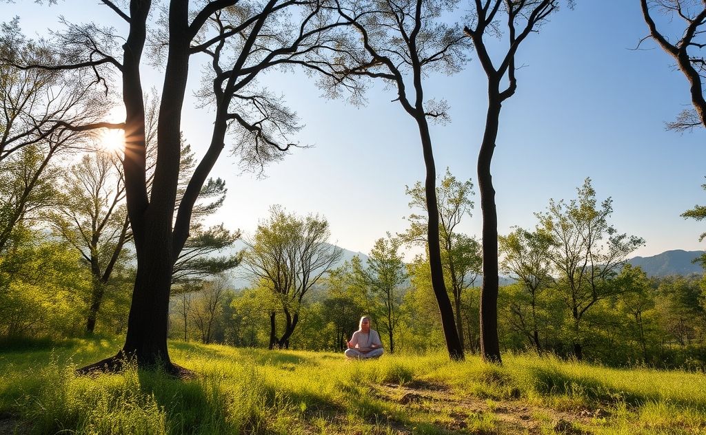 A serene nature scene with a person meditating among trees.