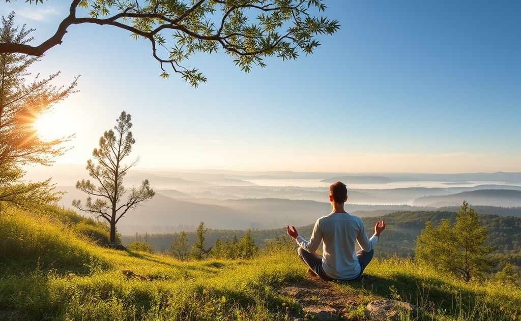 A serene nature scene with a person meditating in a tranquil setting.