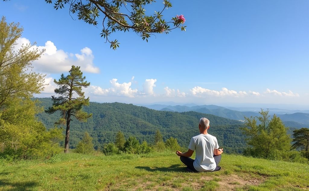 A serene nature scene with a person meditating on the ground.