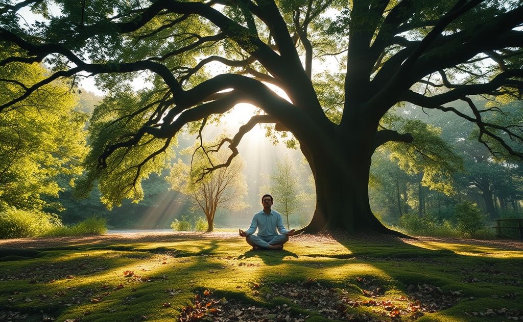 A serene nature scene with a person meditating under a tree.