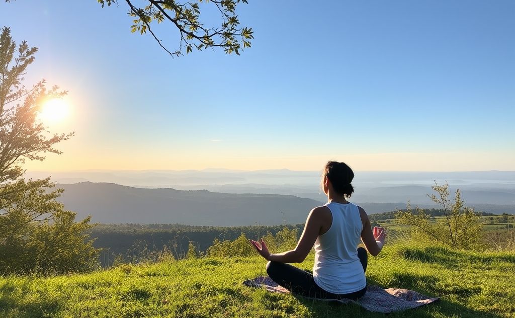 A serene nature scene with a person practicing breathwork outdoors.