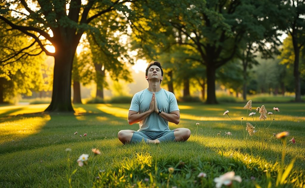 A serene nature scene with a person practicing deep breathing in a park.