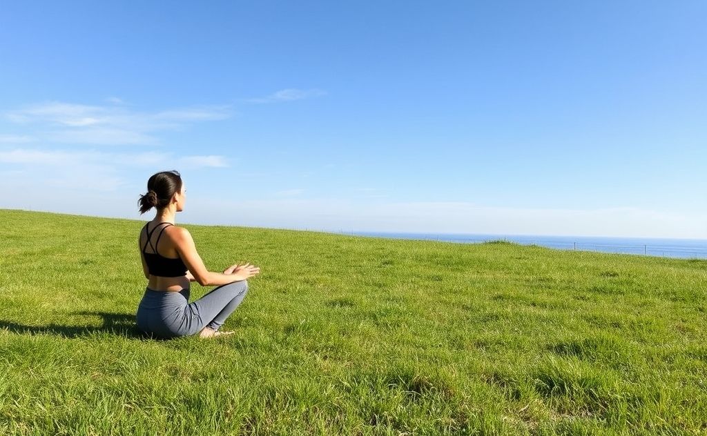 A serene nature scene with a person practicing grounding on a grassy field.