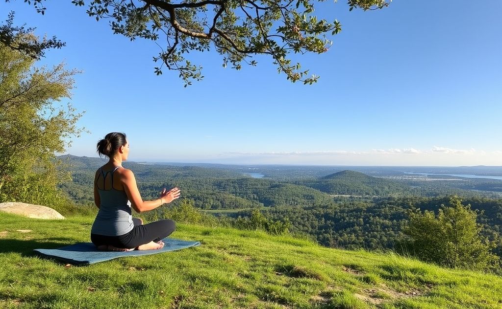 A serene nature scene with a person practicing grounding techniques.