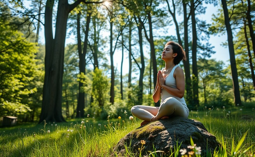 A serene nature scene with a person practicing mindful breathing.