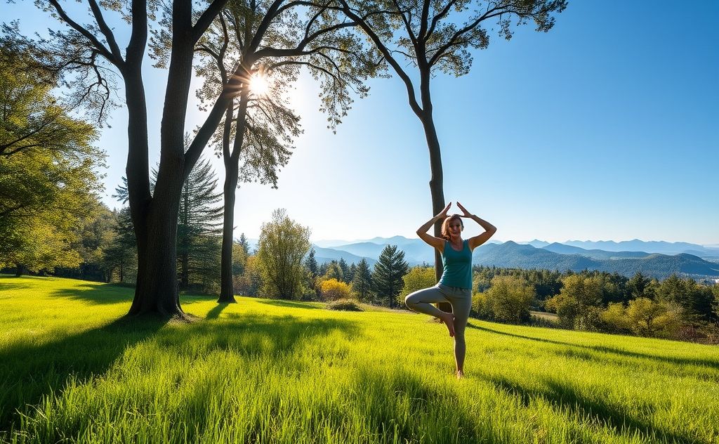 A serene nature scene with a person practicing yoga in a tranquil setting.