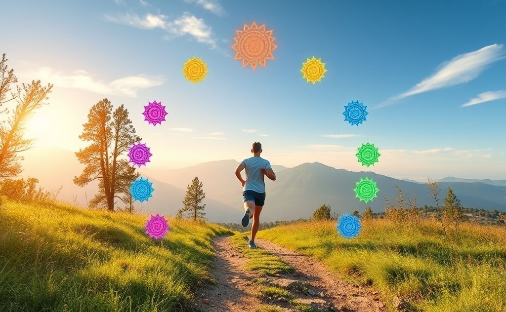 A serene nature scene with a runner surrounded by colorful chakra symbols.