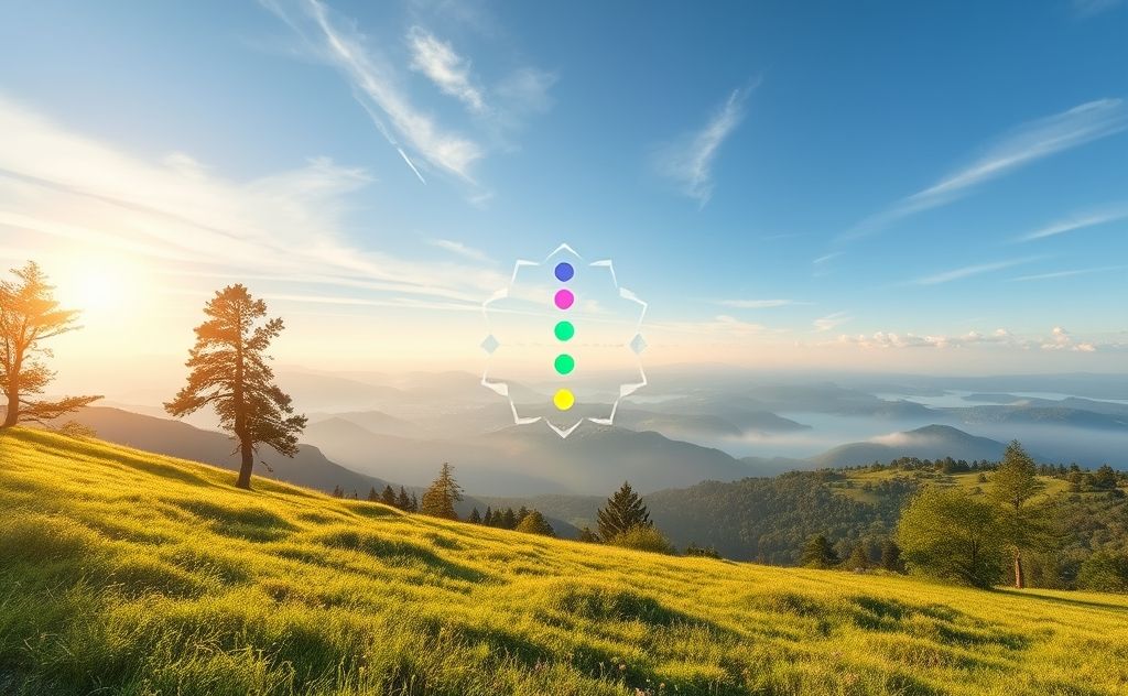 A serene nature scene with chakra symbols integrated into the landscape.