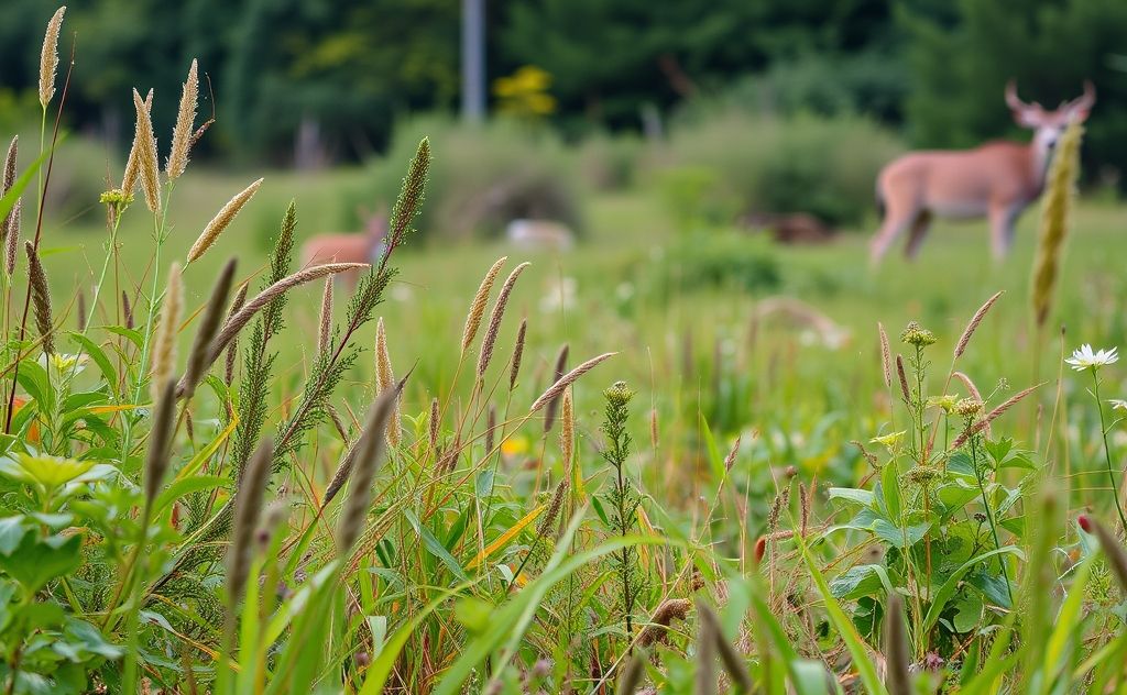 A serene nature scene with diverse plants and wildlife in focus.