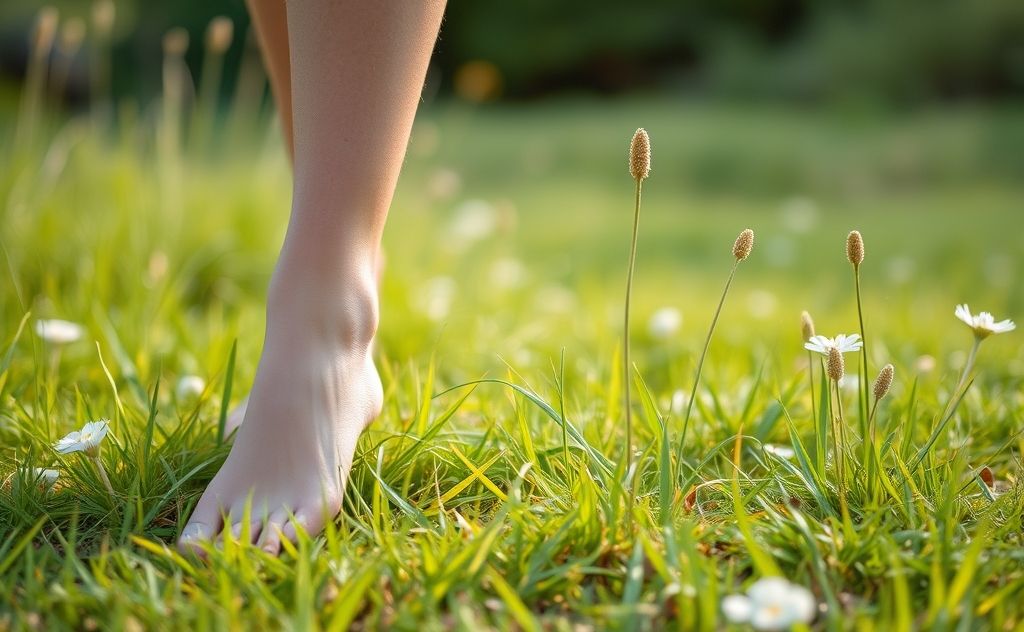 A serene nature scene with feet on grass and calming elements.