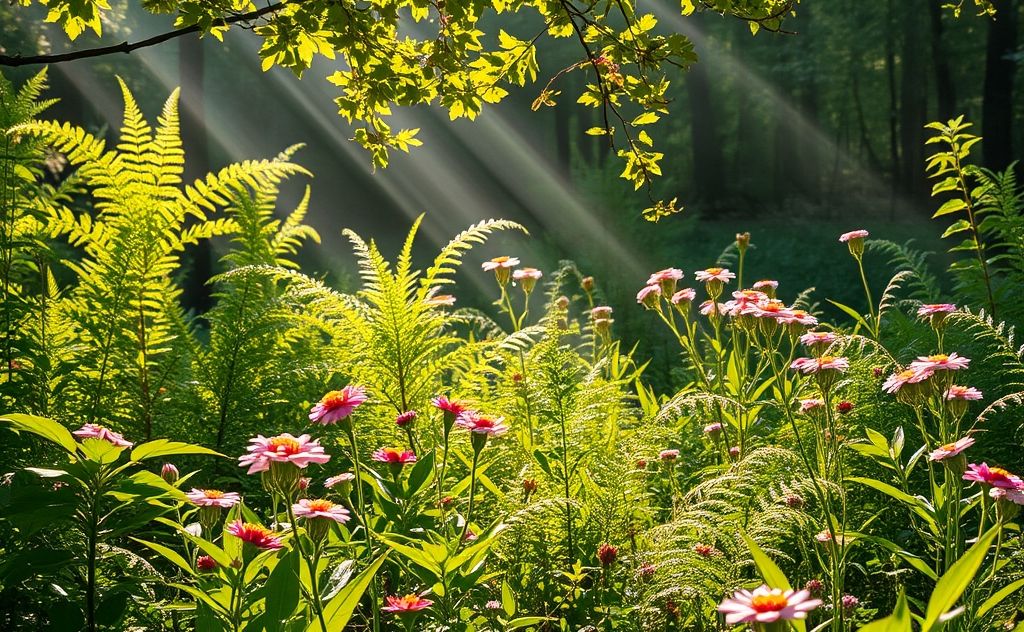 A serene nature scene with flowing air currents and vibrant plants.