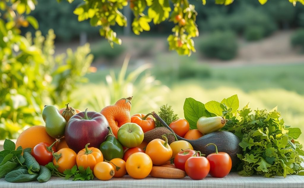 A serene nature scene with fresh fruits and vegetables on a table.