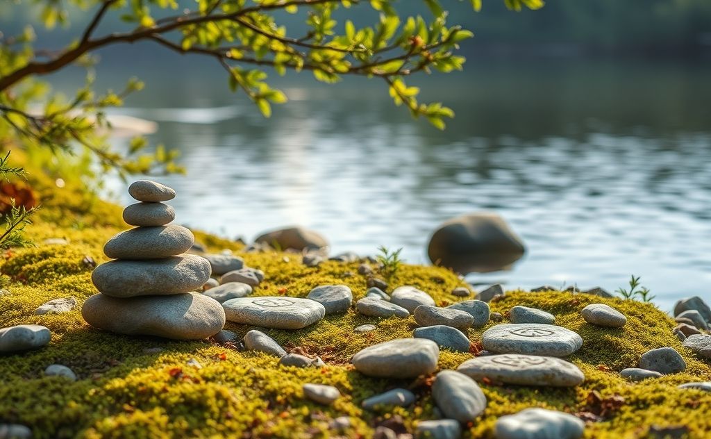 A serene nature scene with grounding stones and chakra symbols.