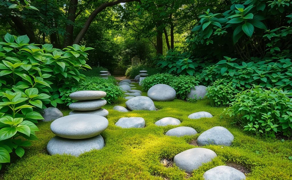 A serene nature scene with grounding stones and lush greenery.