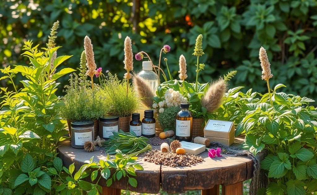 A serene nature scene with herbal plants and wellness items.
