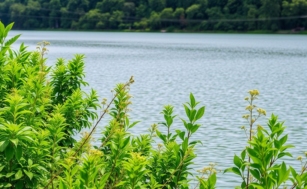A serene nature scene with lush greenery and calming water.