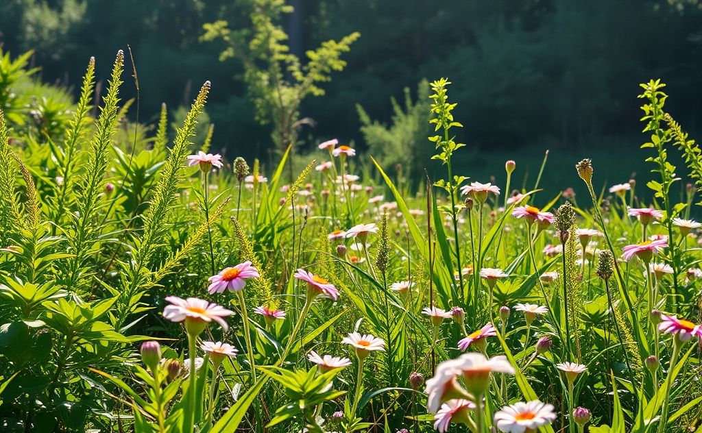 A serene nature scene with plants and flowers thriving in a toxin-free environment.