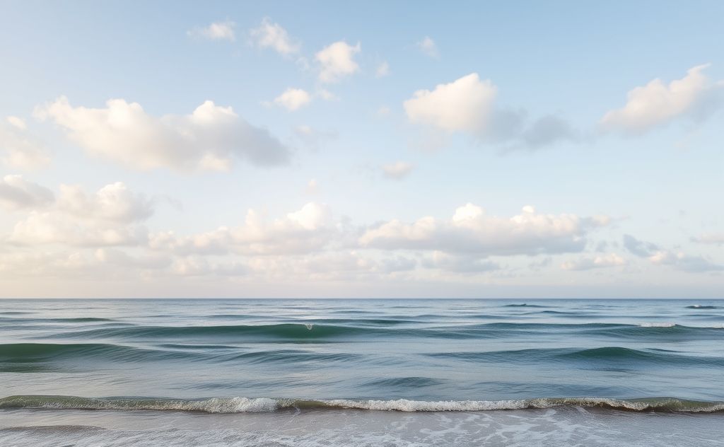 A serene nature scene with soft clouds and gentle waves.