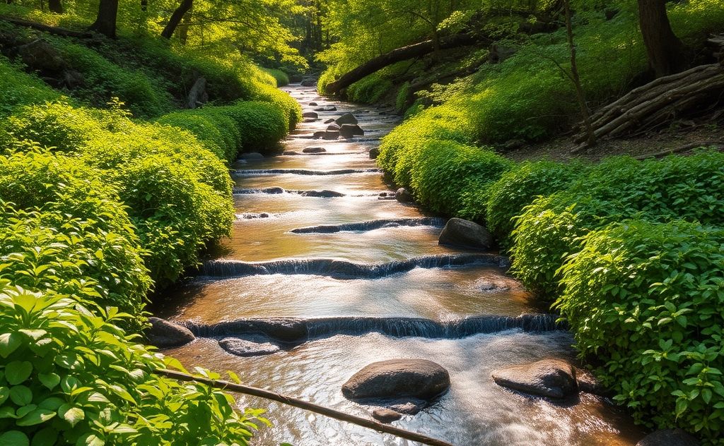 A serene nature scene with soft flowing water and gentle greenery.