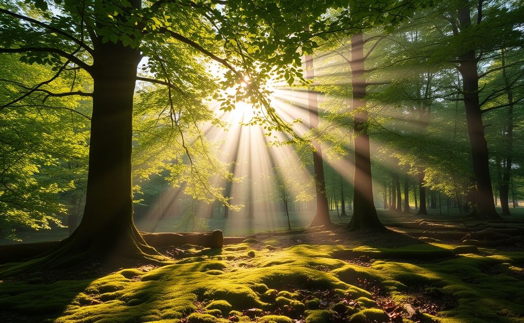 A serene nature scene with soft sunlight filtering through trees.