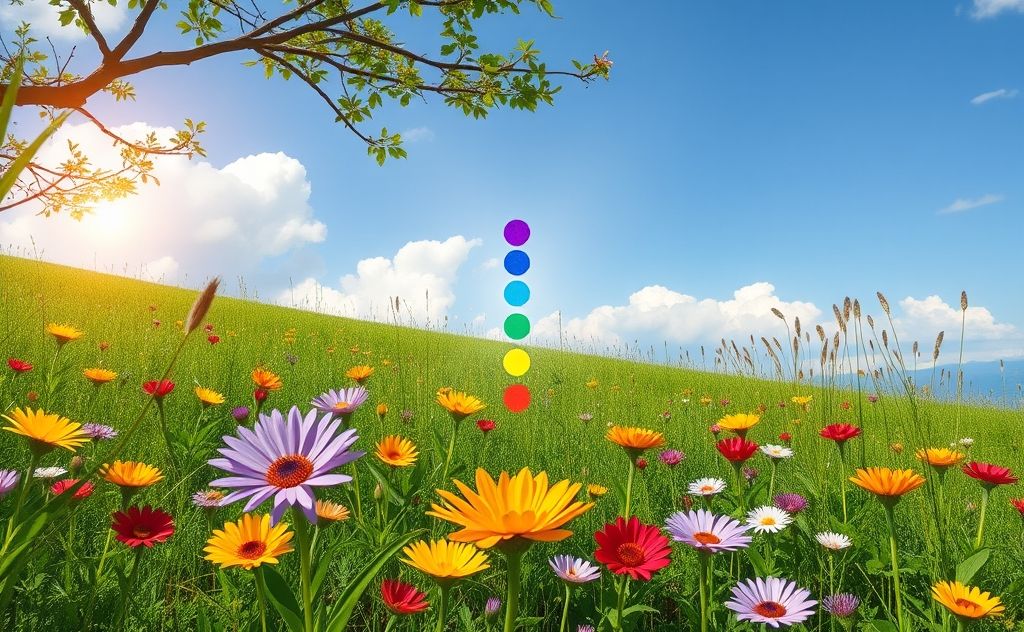 A serene nature scene with vibrant chakras represented by colorful flowers.