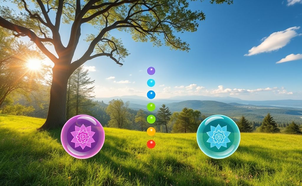 A serene nature scene with vibrant chakras represented by colorful orbs.