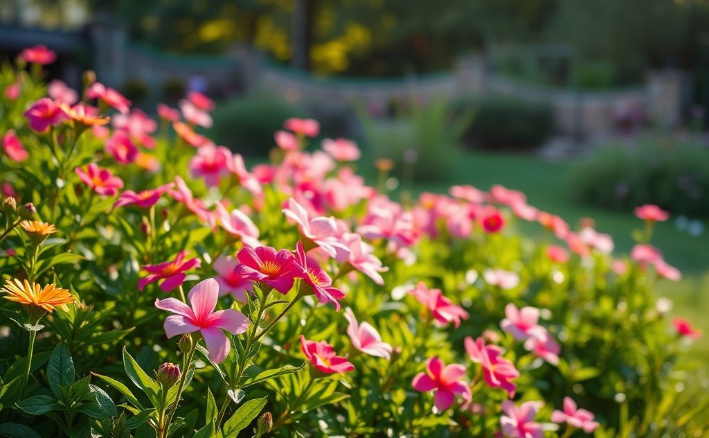 A serene nature scene with vibrant flowers and soft sunlight.