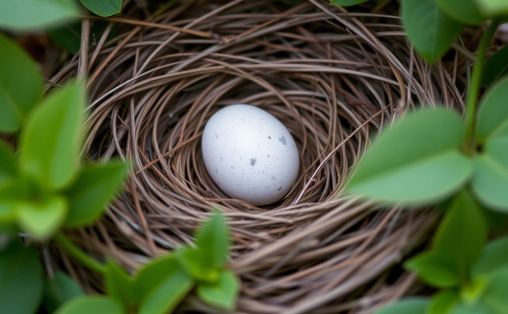 A serene nest with a bird egg surrounded by soft foliage.