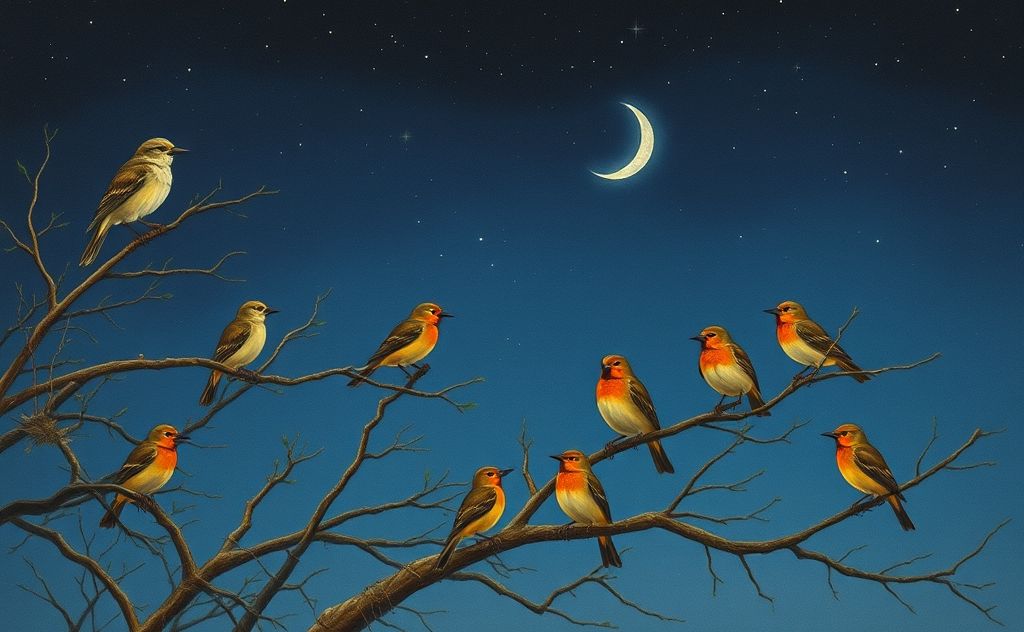 A serene night scene with various birds perched on branches under a starry sky.