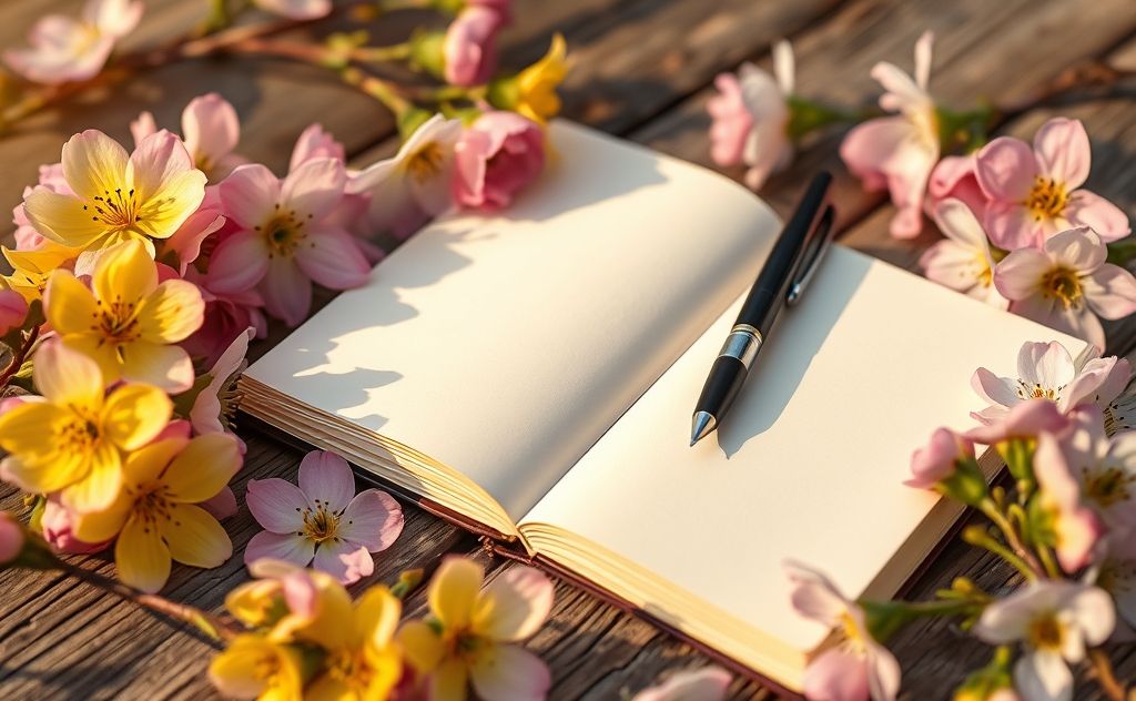 A serene notebook with a pen surrounded by blooming flowers.
