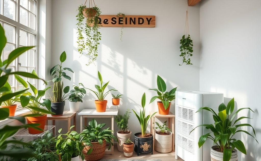 A serene nursery with plants and an air purifier for fresh air.