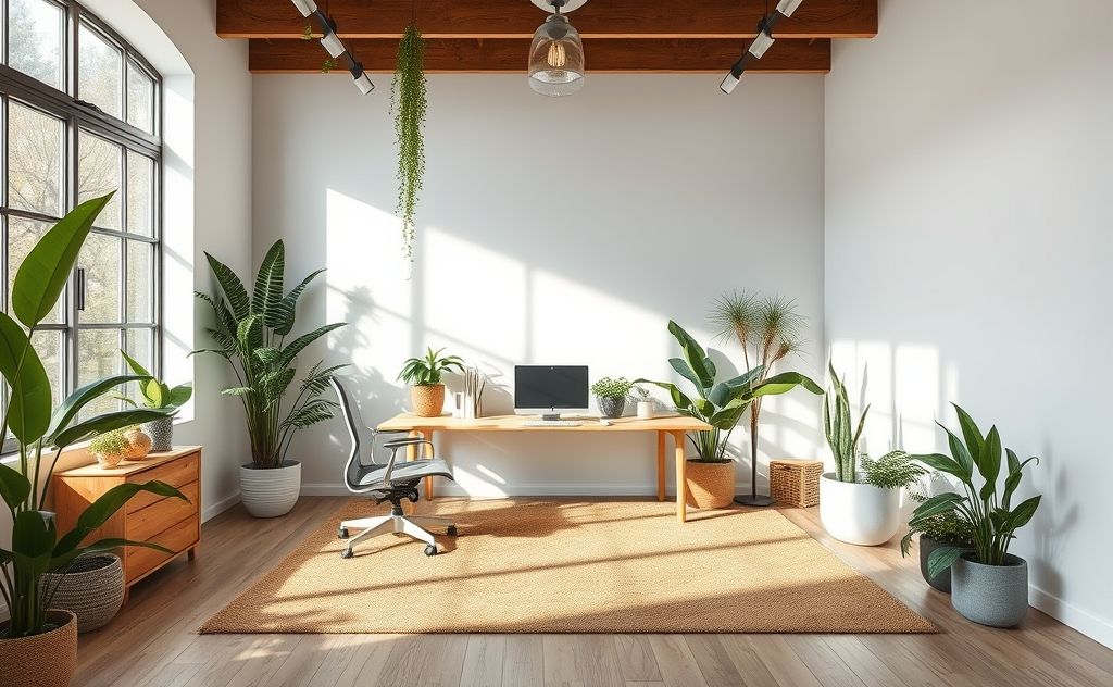 A serene office space with nature elements promoting grounding techniques.