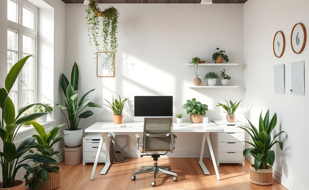 A serene office space with plants and calming decor for grounding.