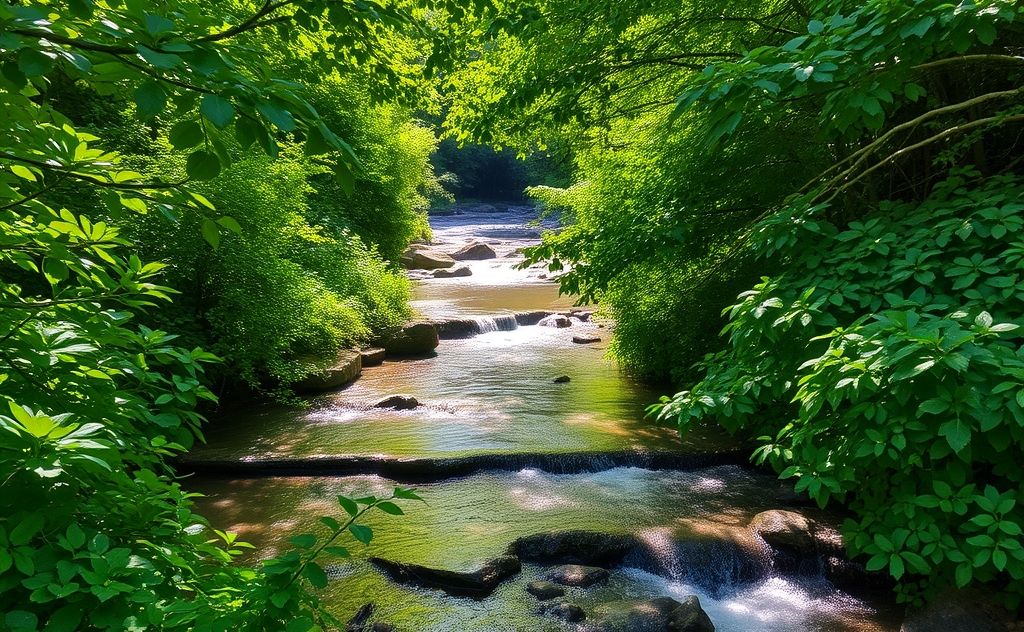 A serene outdoor scene featuring flowing water and lush greenery.