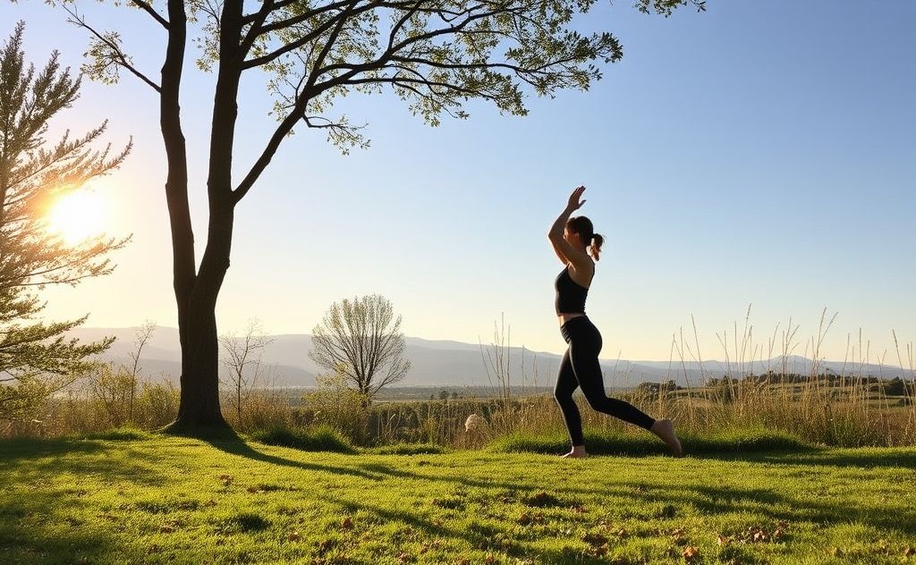 A serene outdoor scene showcasing mindful movement in nature.