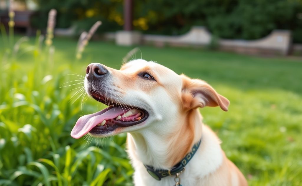 A serene outdoor scene with a dog enjoying fresh air and greenery.