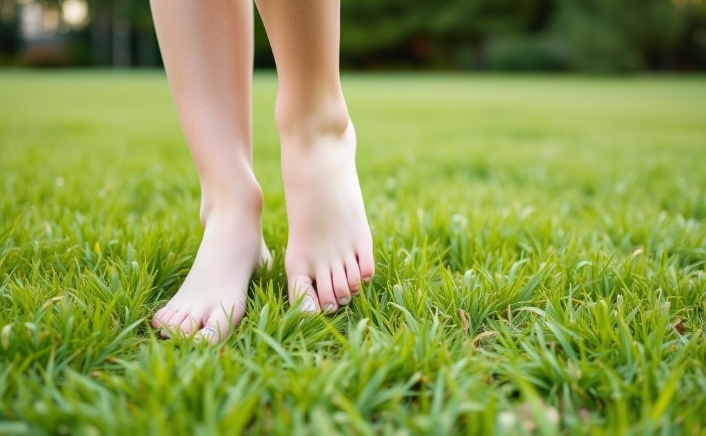 A serene outdoor scene with bare feet on lush green grass.