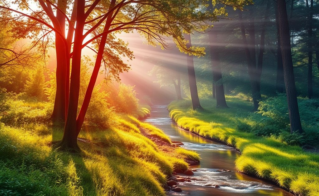 A serene outdoor scene with vibrant chakra colors in nature.