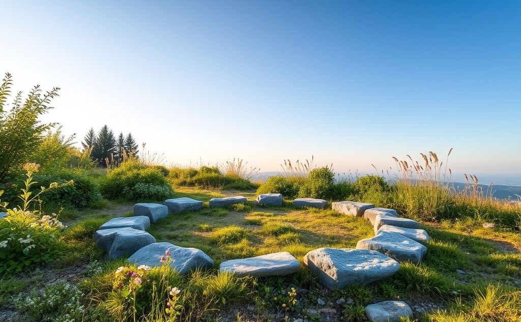 A serene outdoor setting with a circle of stones and greenery.
