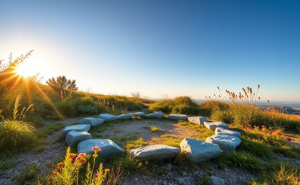 A serene outdoor setting with a circle of stones and plants.