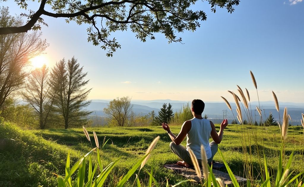 A serene outdoor setting with a person meditating among nature.
