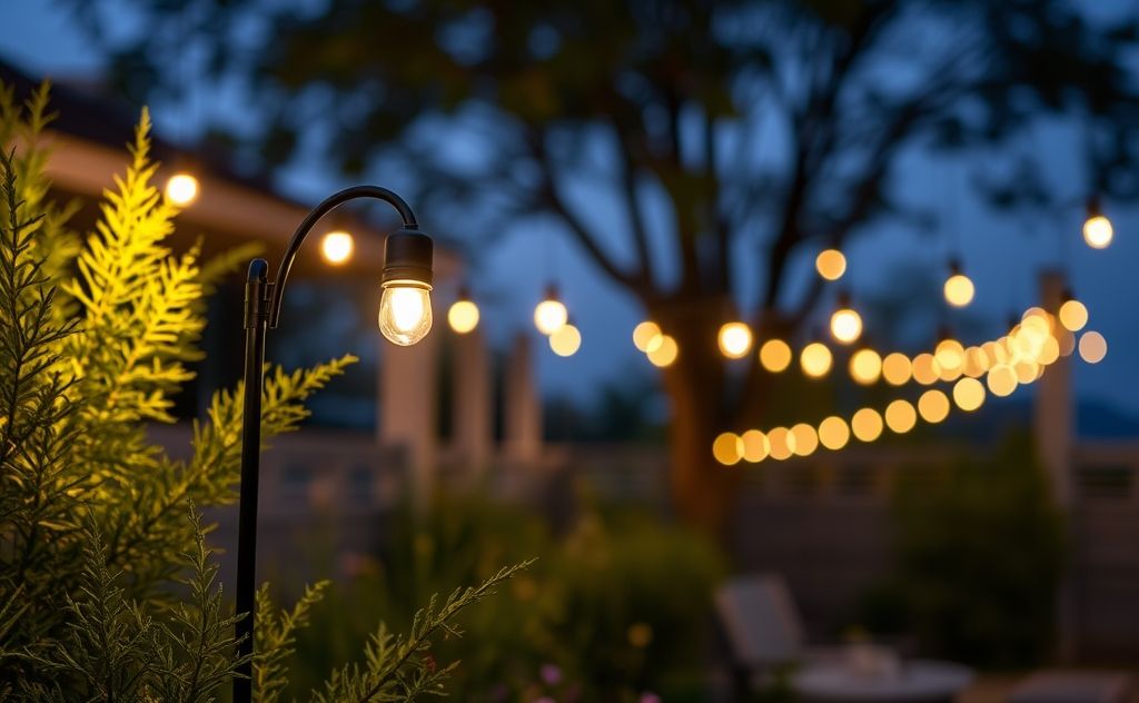 A serene outdoor setting with bird-proof lights shining softly.