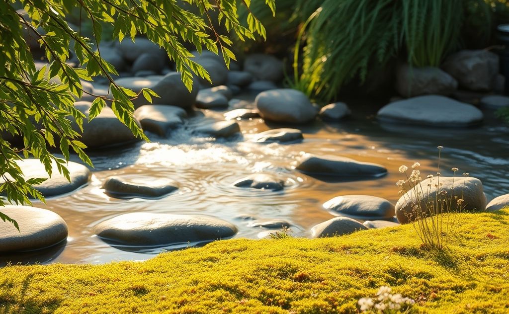 A serene outdoor setting with calming natural elements for meditation.