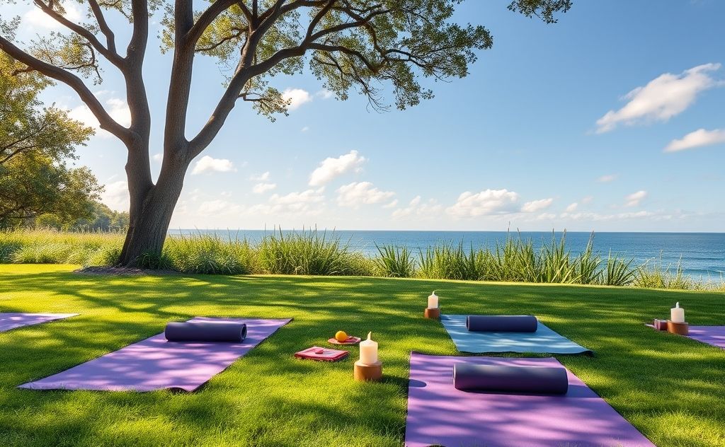A serene outdoor setting with yoga mats and chakra symbols.