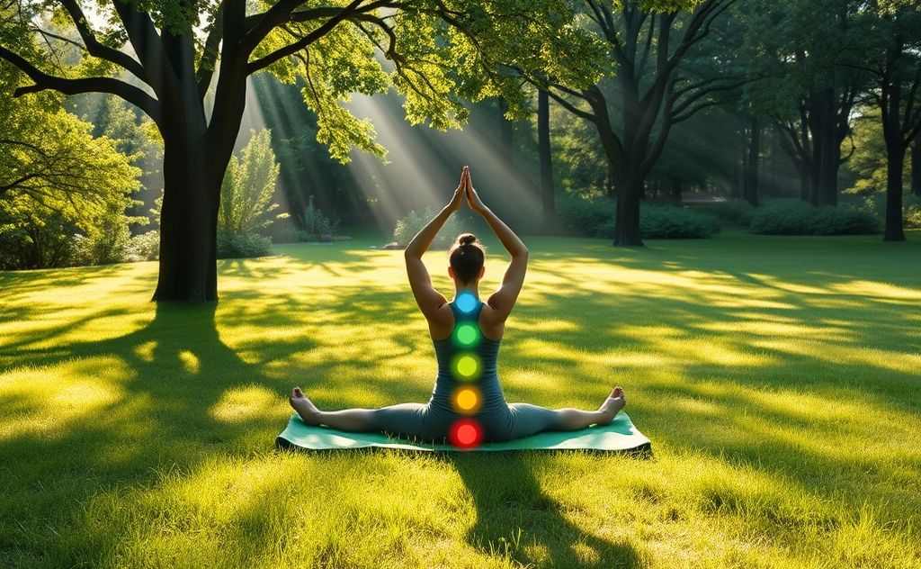 A serene outdoor yoga scene with chakra symbols in nature.