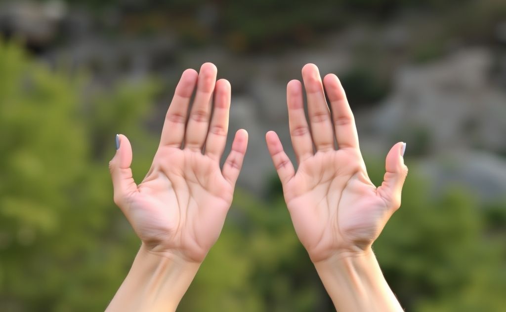 A serene pair of hands forming grounding mudras against a natural backdrop.